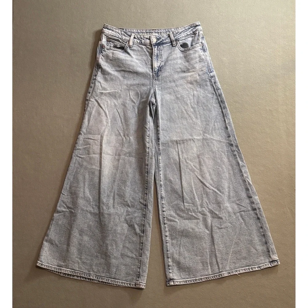 American Eagle Super Wide Leg Jeans Light Wash High Rise Sz 10 Reg Y2k Skater